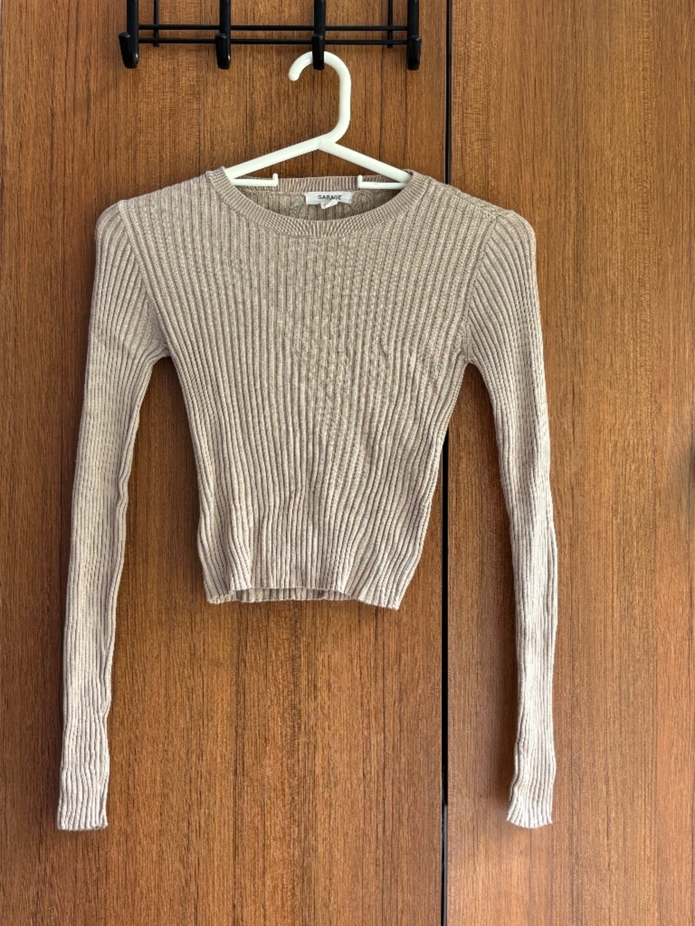 Garage Beige Ribbed Cropped Long Sleeve Knit Top Size XS